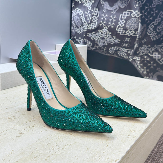 JIMMY CHOO 26S HIGH HEELS 95 MM IN GREEN CRYSTAL-EMBELLISHED