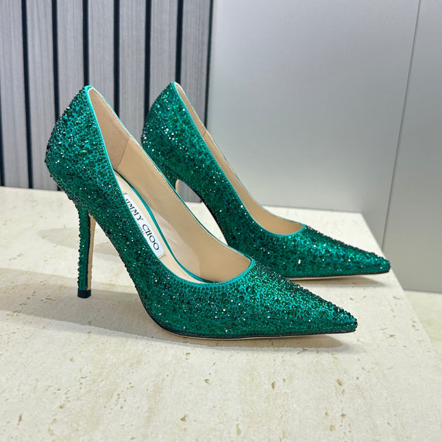 JIMMY CHOO 26S HIGH HEELS 95 MM IN GREEN CRYSTAL-EMBELLISHED