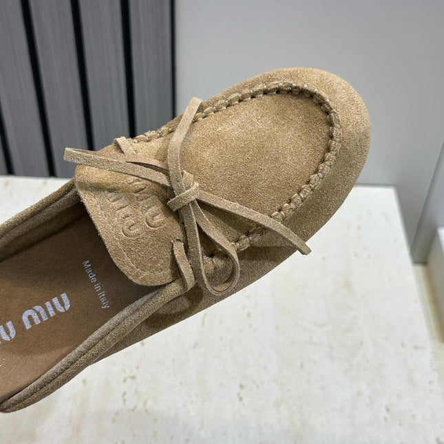 MIUMIU 26S SNEAKER MULES IN OLIVE BROWN SUEDE WITH BOW