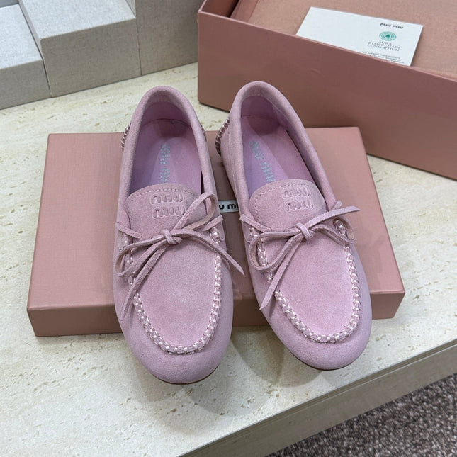 MIUMIU 26S LOAFERS IN LIGHT PURPLE SUEDE WITH BOW