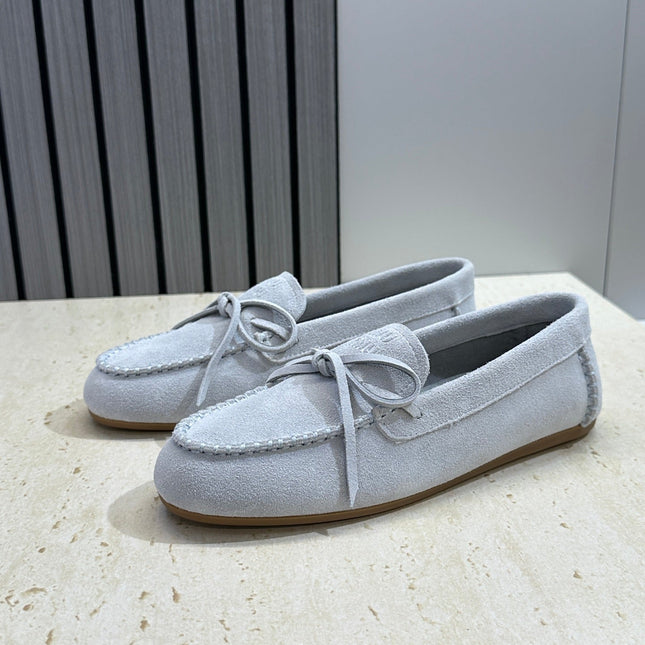 MIUMIU 26S LOAFERS IN LIGHT BLUE SUEDE WITH BOW