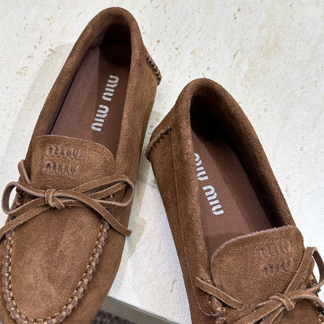 MIUMIU 26S LOAFERS IN DARK BROWN SUEDE WITH BOW