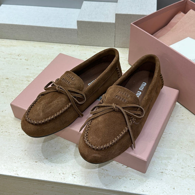 MIUMIU 26S LOAFERS IN DARK BROWN SUEDE WITH BOW