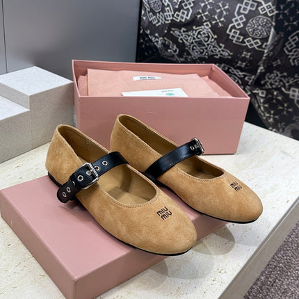 MIUMIU 26S MARY JANE FLATS IN TAN BROWN SUEDE WITH BUCKLE STRAP CALFSKIN
