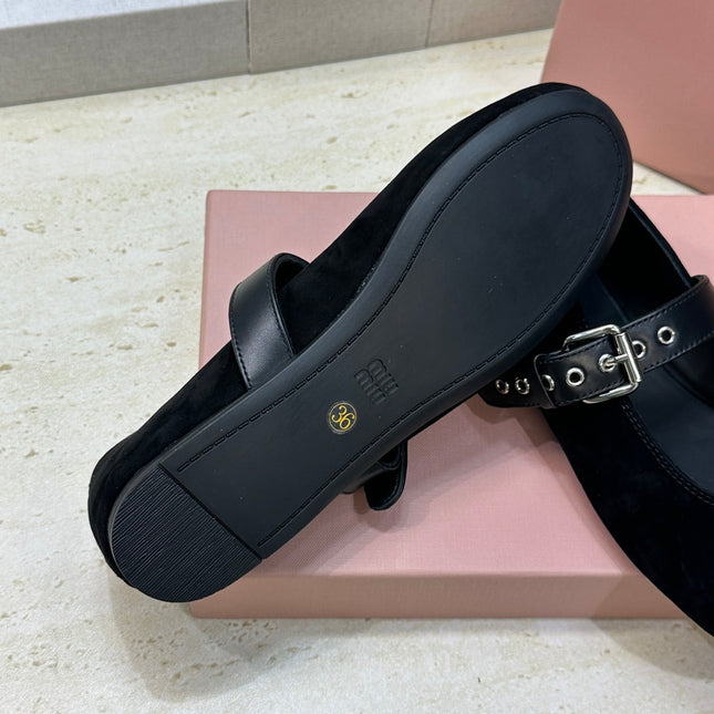 MIUMIU 26S MARY JANE FLATS IN BLACK SUEDE WITH BUCKLE STRAP CALFSKIN