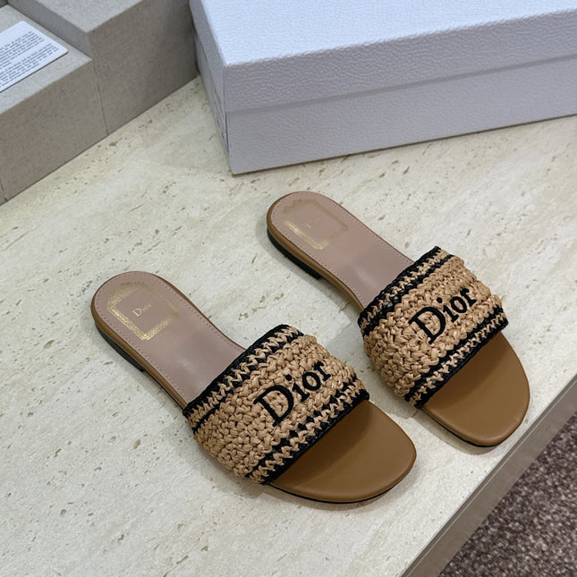 DIOR 26S D-WAY SLIDE IN BEIGE BLACK RAFFIA