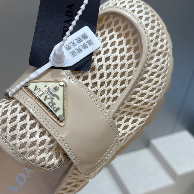 PRADA 26S MULE LOAFERS IN BEIGE MESH AND CALFSKIN