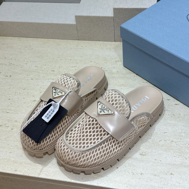 PRADA 26S MULE LOAFERS IN BEIGE MESH AND CALFSKIN