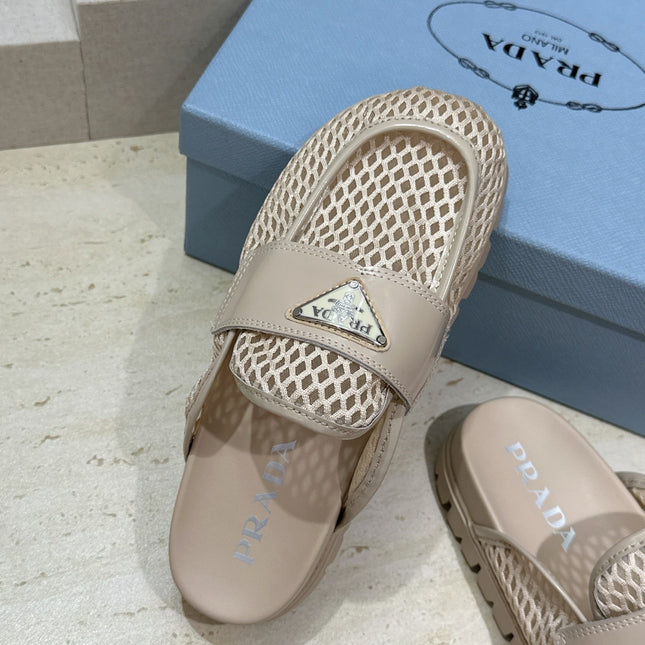 PRADA 26S MULE LOAFERS IN BEIGE MESH AND CALFSKIN