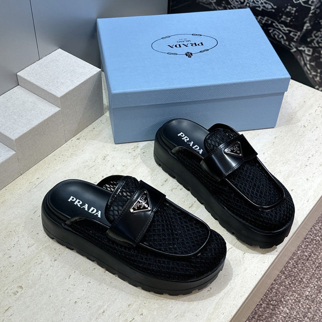 PRADA 26S MULE LOAFERS IN BLACK MESH AND CALFSKIN
