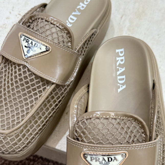 PRADA 26S MULE LOAFERS IN BROWN MESH AND CALFSKIN