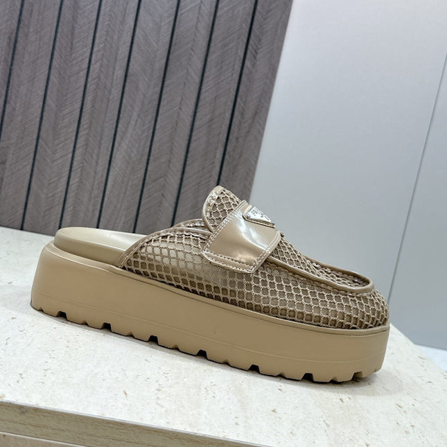 PRADA 26S MULE LOAFERS IN BROWN MESH AND CALFSKIN