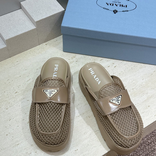 PRADA 26S MULE LOAFERS IN BROWN MESH AND CALFSKIN