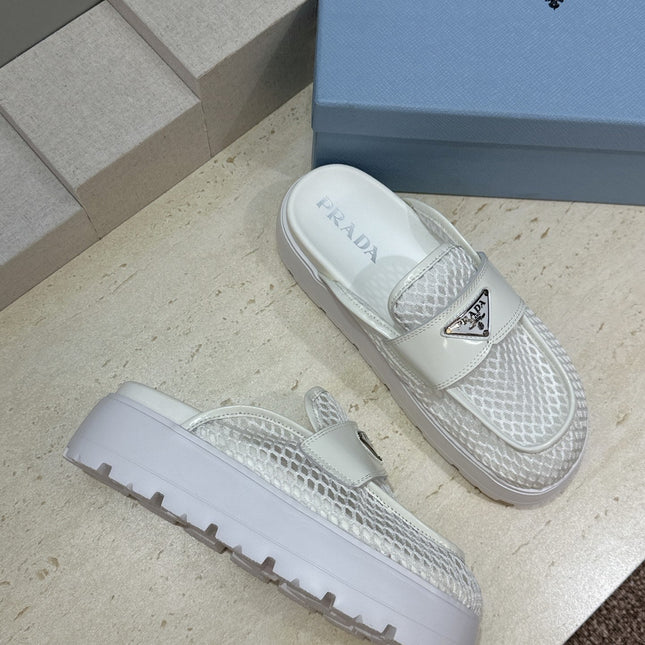 PRADA 26S MULE LOAFERS IN WHITE MESH AND CALFSKIN