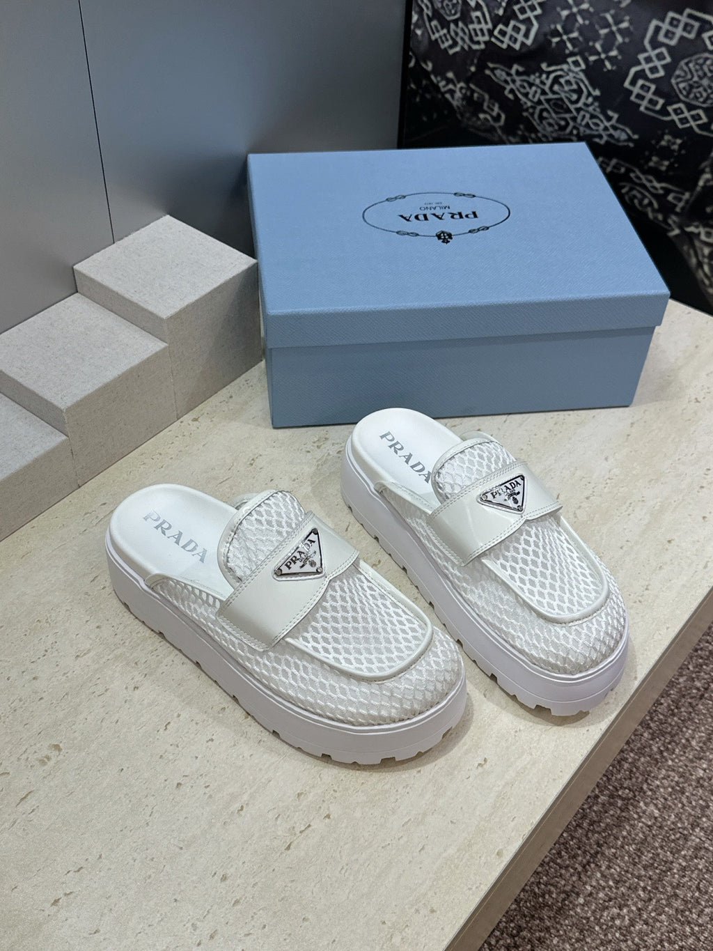 PRADA 26S MULE LOAFERS IN WHITE MESH AND CALFSKIN