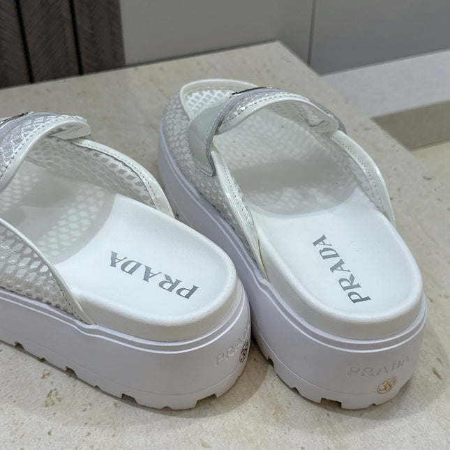 PRADA 26S MULE LOAFERS IN WHITE MESH AND CALFSKIN