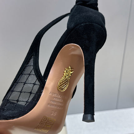 AQUAZZURA 26S SLINGBACK HEELS 105 MM IN BLACK MESH AND SUEDE