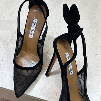 AQUAZZURA 26S SLINGBACK HEELS 105 MM IN BLACK MESH AND SUEDE