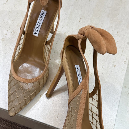 AQUAZZURA 26S SLINGBACK HEELS 105 MM IN DARK BEIGE MESH AND SUEDE