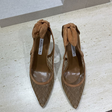 AQUAZZURA 26S SLINGBACK HEELS 105 MM IN DARK BEIGE MESH AND SUEDE