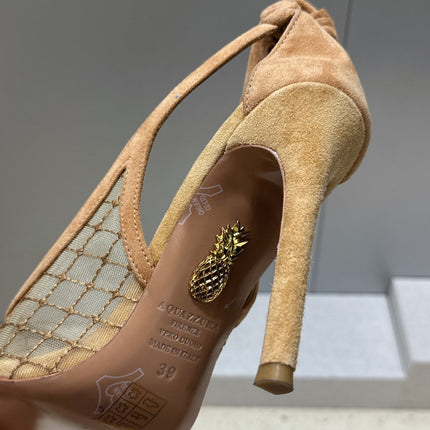 AQUAZZURA 26S SLINGBACK HEELS 105 MM IN DARK BEIGE MESH AND SUEDE
