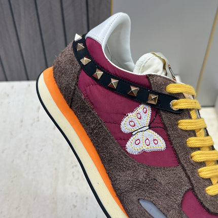 VALENTINO 26S BUTTERFLY EMBROIDERED SNEAKERS IN BROWN SUEDE & RED FABRIC