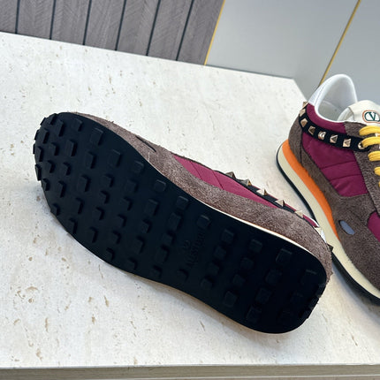VALENTINO 26S BUTTERFLY EMBROIDERED SNEAKERS IN BROWN SUEDE & RED FABRIC