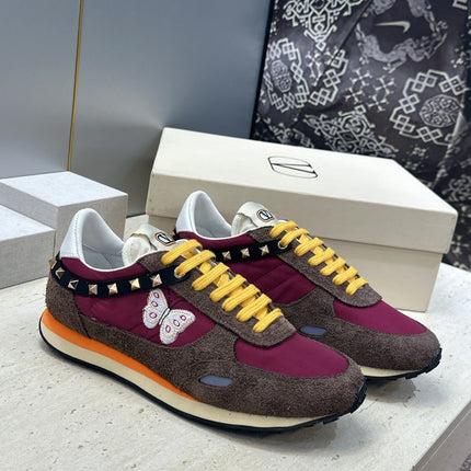 VALENTINO 26S BUTTERFLY EMBROIDERED SNEAKERS IN BROWN SUEDE & RED FABRIC