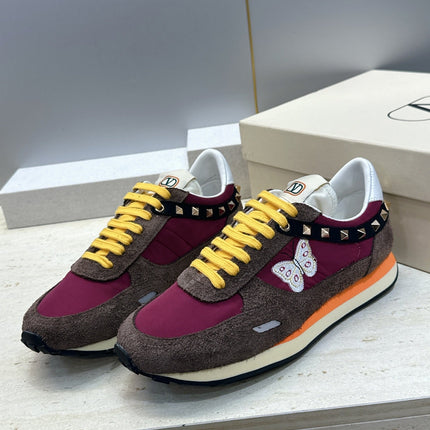 VALENTINO 26S BUTTERFLY EMBROIDERED SNEAKERS IN BROWN SUEDE & RED FABRIC