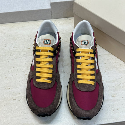 VALENTINO 26S BUTTERFLY EMBROIDERED SNEAKERS IN BROWN SUEDE & RED FABRIC