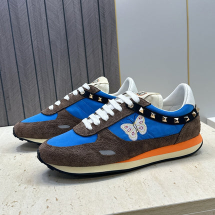 VALENTINO 26S BUTTERFLY EMBROIDERED SNEAKERS IN BROWN SUEDE & BLUE FABRIC