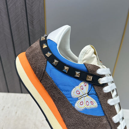 VALENTINO 26S BUTTERFLY EMBROIDERED SNEAKERS IN BROWN SUEDE & BLUE FABRIC