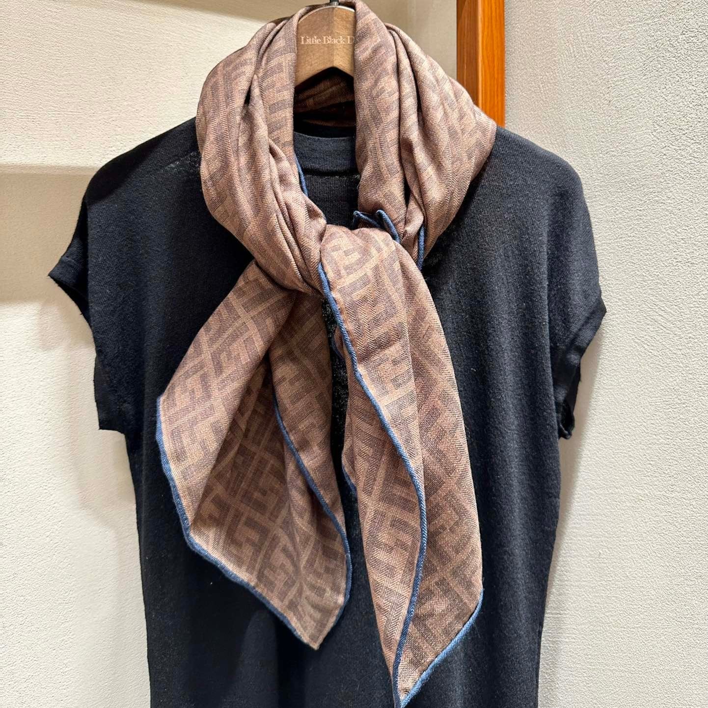 FF SHAWL 185 CM IN COFFEE BROWN SILK AND WOOL WITH BLUE BORDER 413672