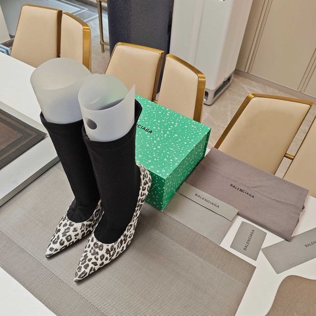 BALENCIAGA 25S POINTED-TOE HIGH HEELS 90 MM IN BLACK FABRIC AND LEOPARD PRINT CALFSKIN STYLE 3