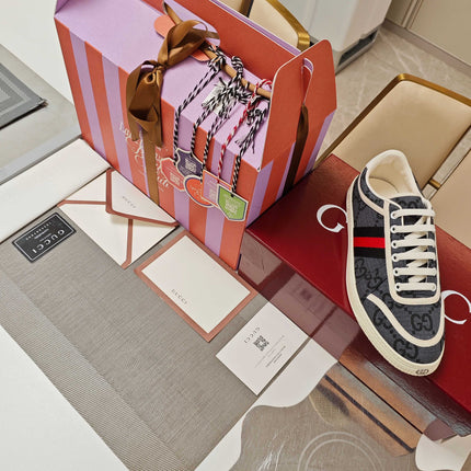 GUCCI 26S GG WEB SNEAKERS IN DARK GREY AND WHITE GG CANVAS