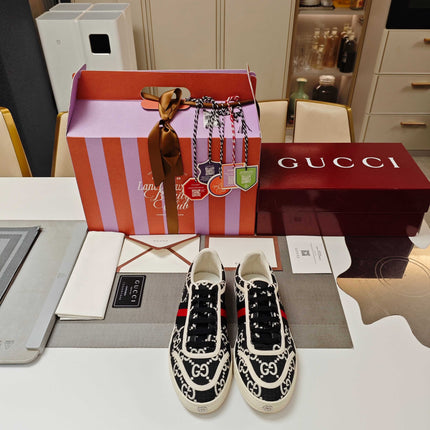 GUCCI 26S GG WEB SNEAKERS IN BLACK AND WHITE GG CANVAS