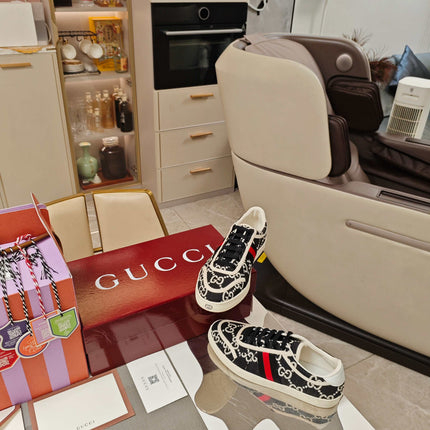 GUCCI 26S GG WEB SNEAKERS IN BLACK AND WHITE GG CANVAS