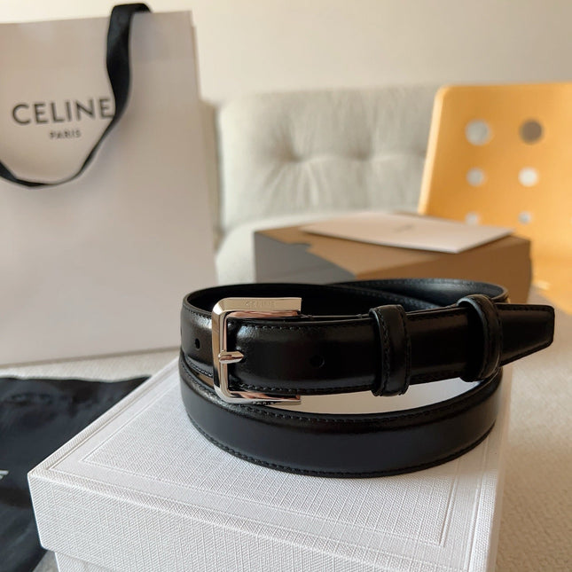 CELINE 25S BELT 25MM IN BLACK CALFSKIN SILVER HARDWARE 561795
