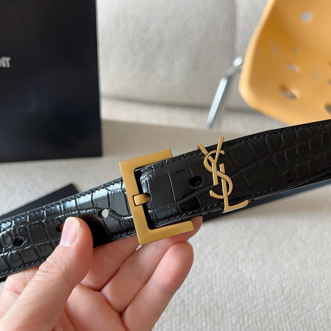 YSL 25S BELT 30 MM IN BLACK CALFSKIN SNAKE-EMBOSSED 571011