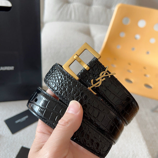 YSL 25S BELT 30 MM IN BLACK CALFSKIN SNAKE-EMBOSSED 571011