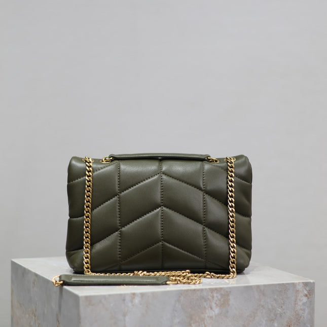YSL 25S LOULOU PUFFER MINI 23 IN DARK OLIVE CALFSKIN GOLD HARDWARE