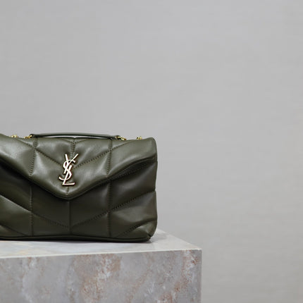 YSL 25S LOULOU PUFFER MINI 23 IN DARK OLIVE CALFSKIN GOLD HARDWARE