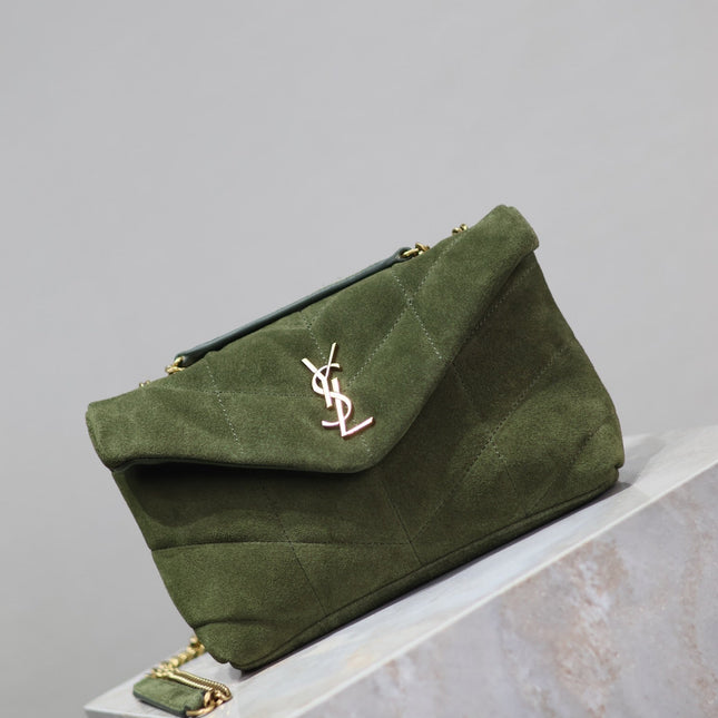 YSL 25S LOULOU PUFFER MINI 23 IN GREEN SUEDE GOLD HARDWARE