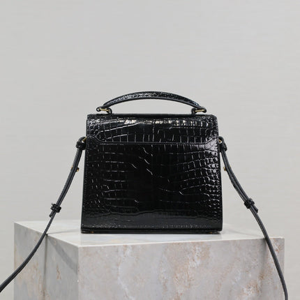 CASSANDRA MINI TOP HANDLE BAG 20 IN BLACK CROCODILE-EMBOSSED GLOSSY CALFSKIN