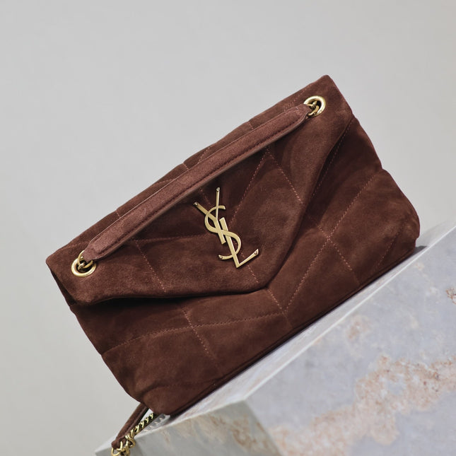 YSL 25S LOULOU PUFFER MM 29 IN DARK BROWN SUEDE GOLD HARDWARE