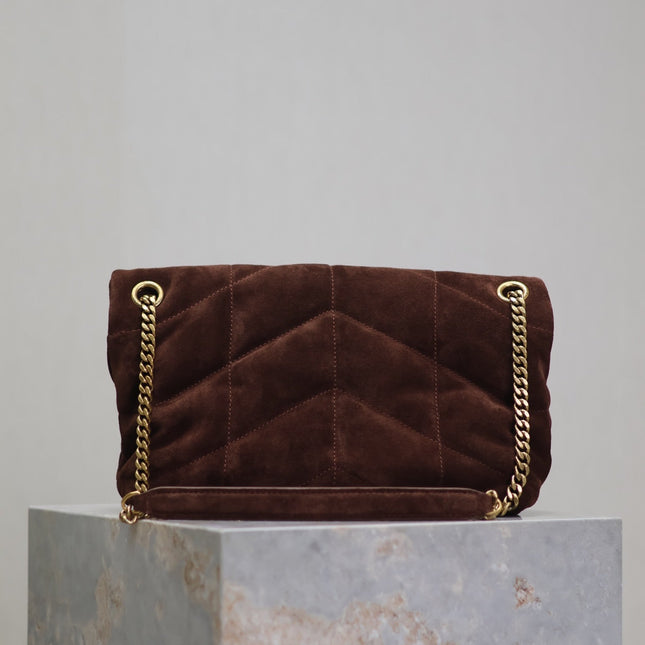 YSL 25S LOULOU PUFFER MM 29 IN DARK BROWN SUEDE GOLD HARDWARE