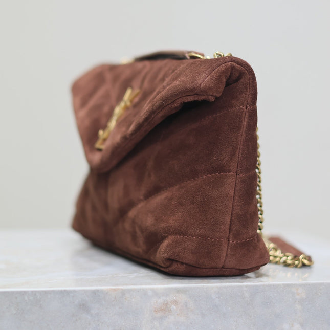YSL 25S LOULOU PUFFER MINI 23 IN DARK BROWN SUEDE GOLD HARDWARE