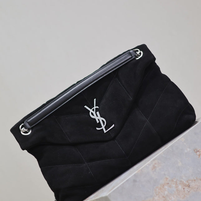 YSL 25S LOULOU PUFFER GM 35 IN BLACK SUEDE SILVER HARDWARE