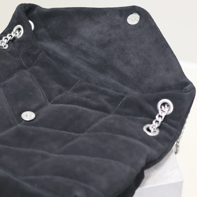 YSL 25S LOULOU PUFFER GM 35 IN BLACK SUEDE SILVER HARDWARE