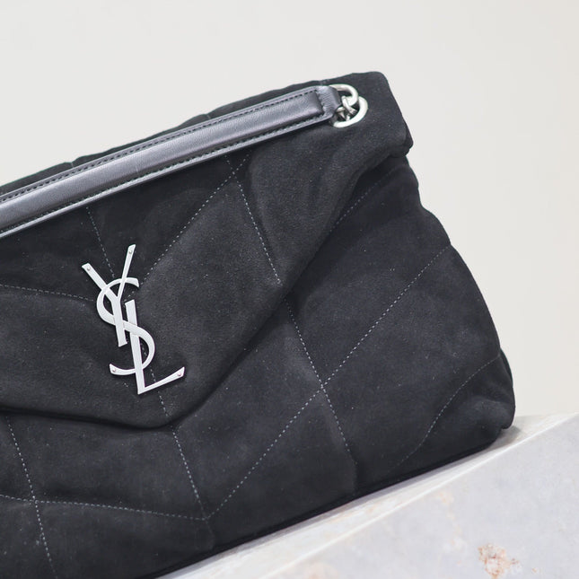YSL 25S LOULOU PUFFER GM 35 IN BLACK SUEDE SILVER HARDWARE